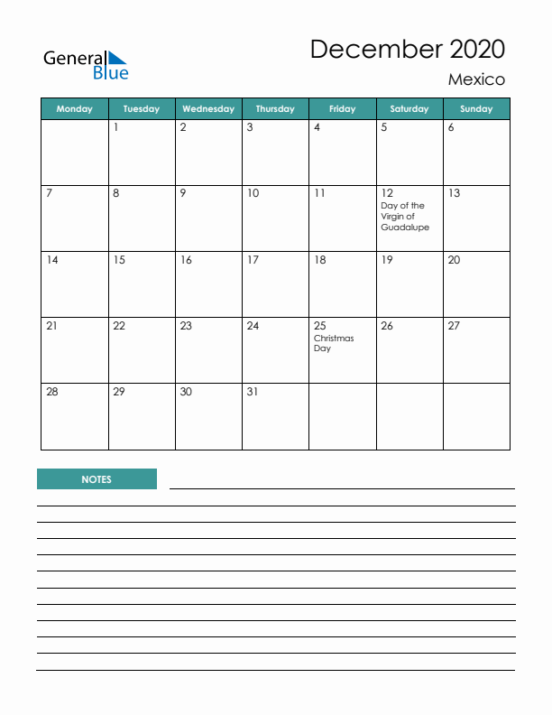 Calendar with Notes Printable - Monday Start