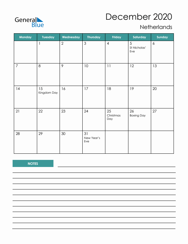 Calendar with Notes Printable - Monday Start