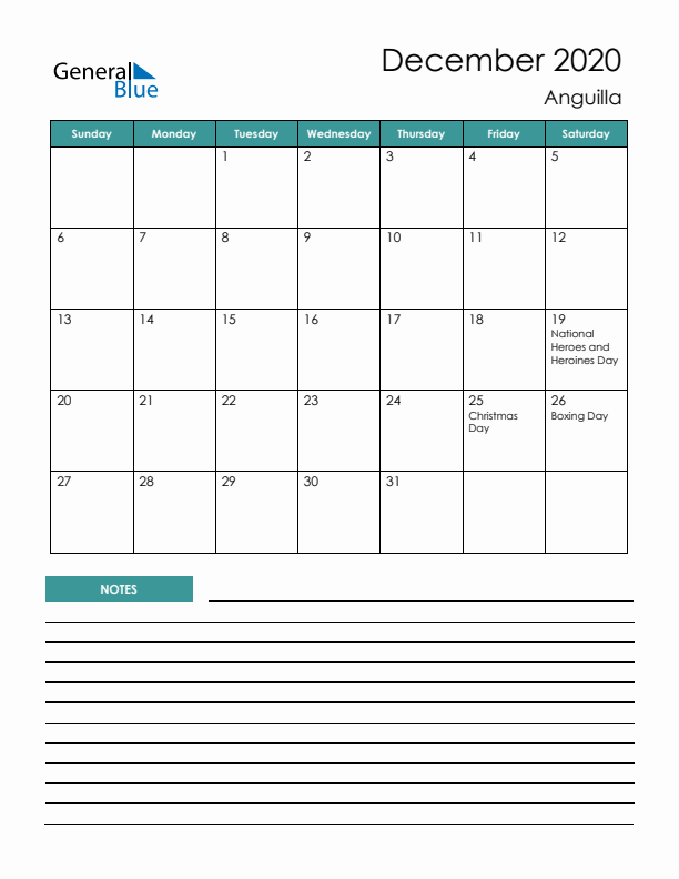 Calendar with Notes Printable - Sunday Start