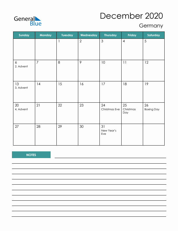 Calendar with Notes Printable - Sunday Start