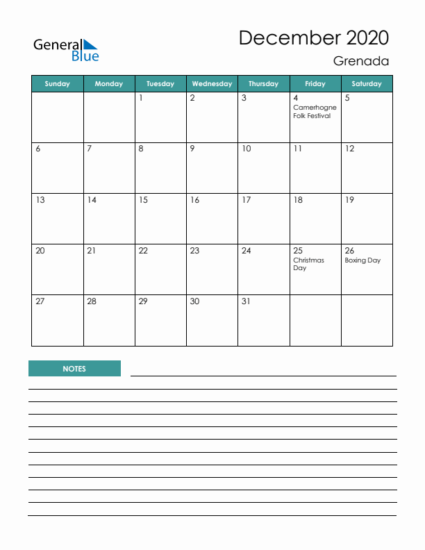 Calendar with Notes Printable - Sunday Start