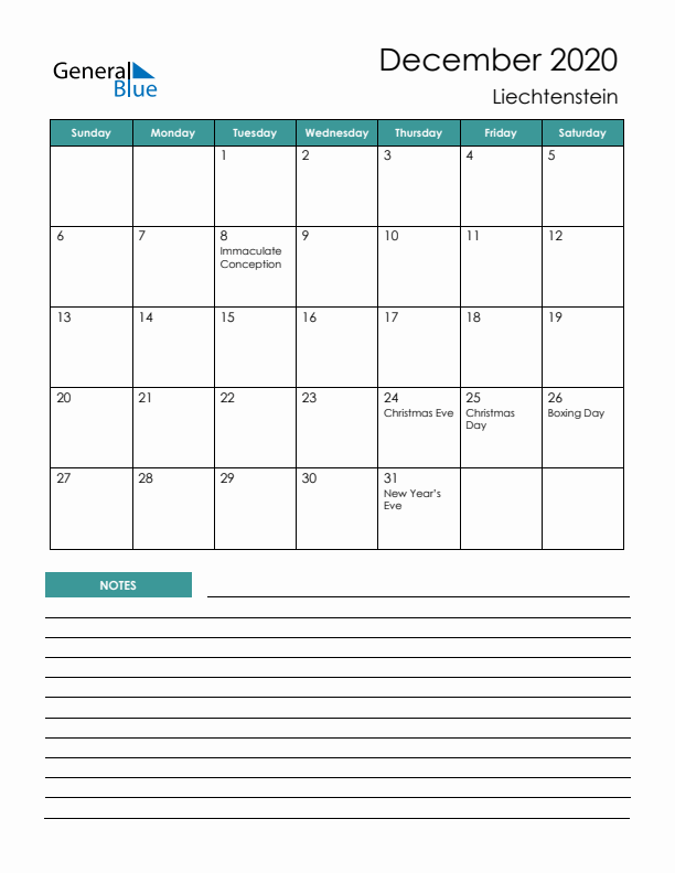 Calendar with Notes Printable - Sunday Start