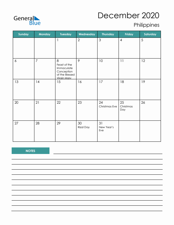 Calendar with Notes Printable - Sunday Start