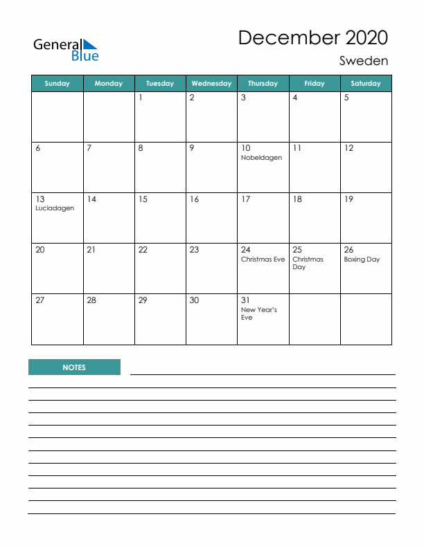 Calendar with Notes Printable - Sunday Start