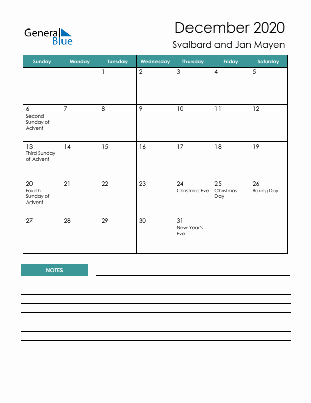 Calendar with Notes Printable - Sunday Start