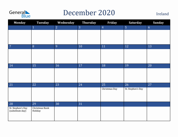 December 2020 Ireland Calendar (Monday Start)