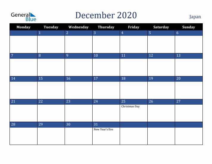 December 2020 Japan Calendar (Monday Start)