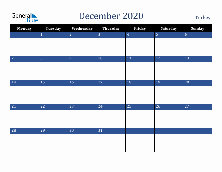 December 2020 Turkey Calendar (Monday Start)