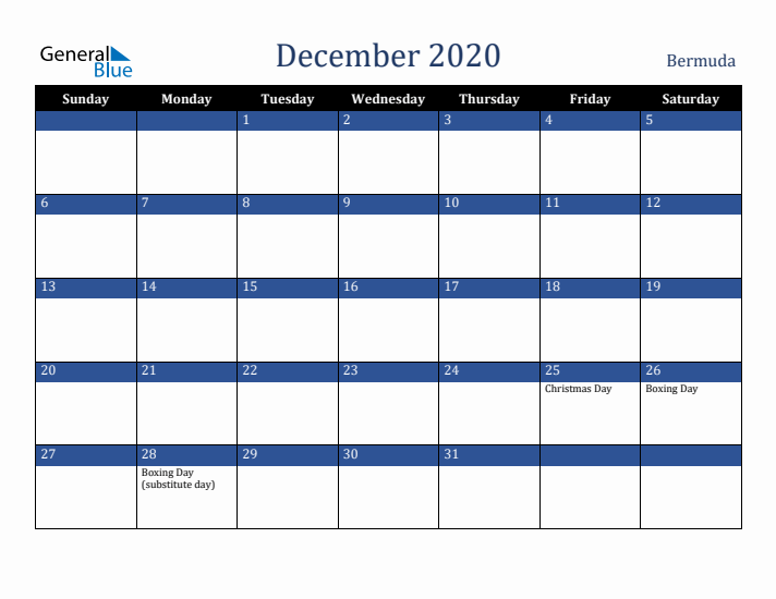 December 2020 Bermuda Calendar (Sunday Start)