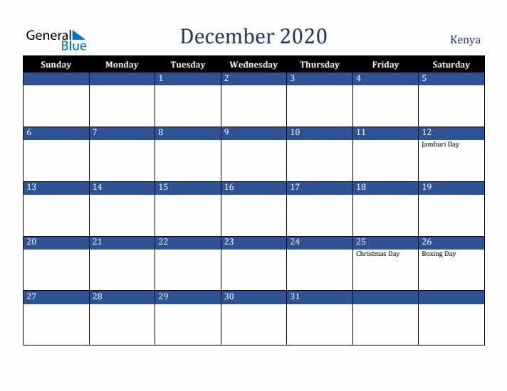 December 2020 Kenya Calendar (Sunday Start)