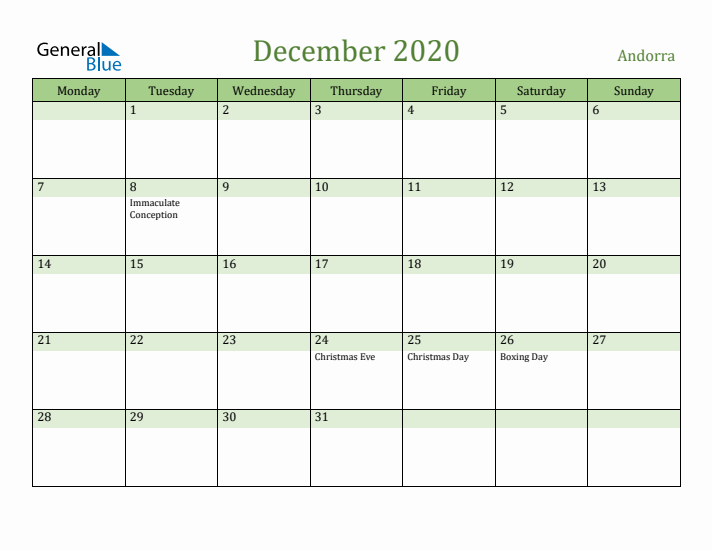 December 2020 Calendar with Andorra Holidays