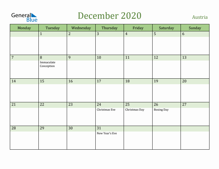 December 2020 Calendar with Austria Holidays