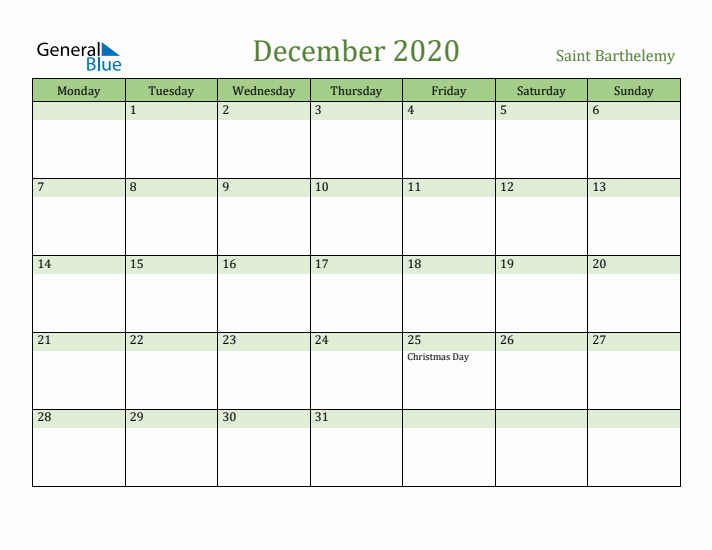 December 2020 Calendar with Saint Barthelemy Holidays