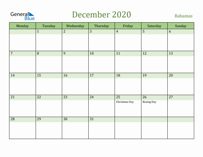 December 2020 Calendar with Bahamas Holidays