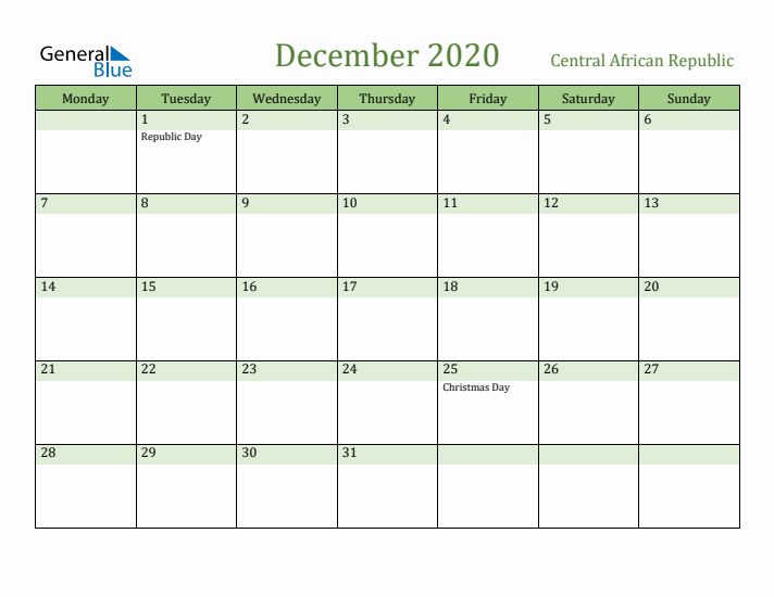 December 2020 Calendar with Central African Republic Holidays