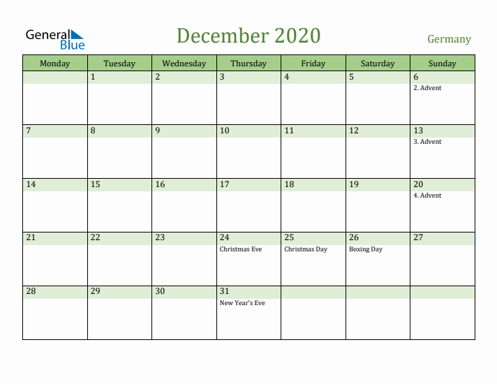 December 2020 Calendar with Germany Holidays