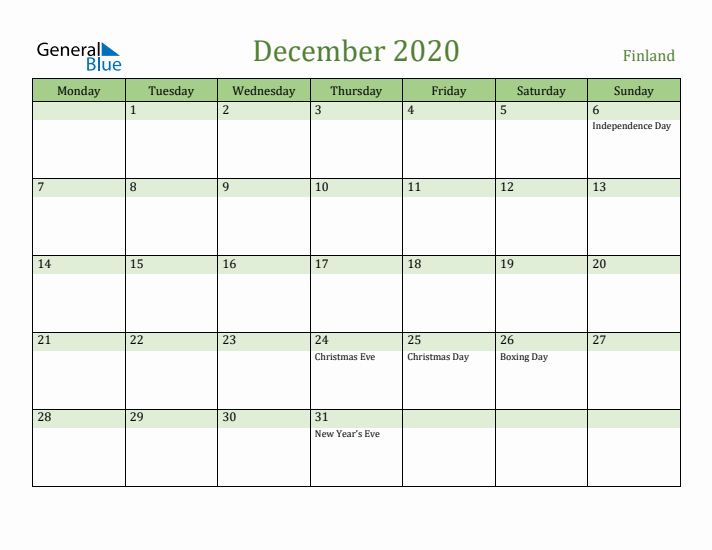 December 2020 Calendar with Finland Holidays