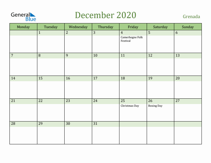 December 2020 Calendar with Grenada Holidays