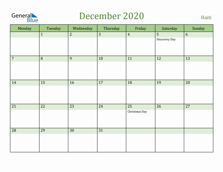 December 2020 Calendar with Haiti Holidays