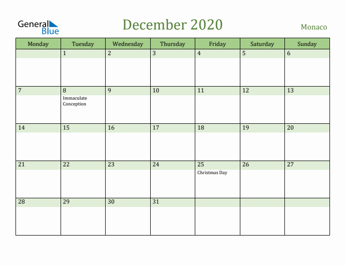 December 2020 Calendar with Monaco Holidays