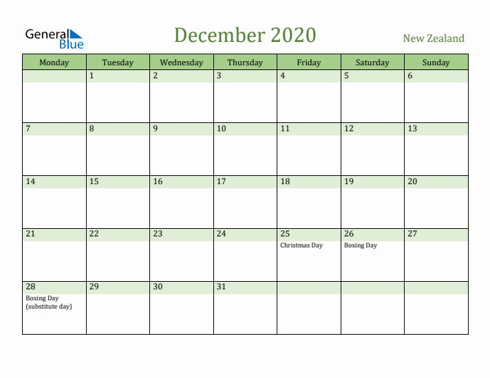 December 2020 Calendar with New Zealand Holidays