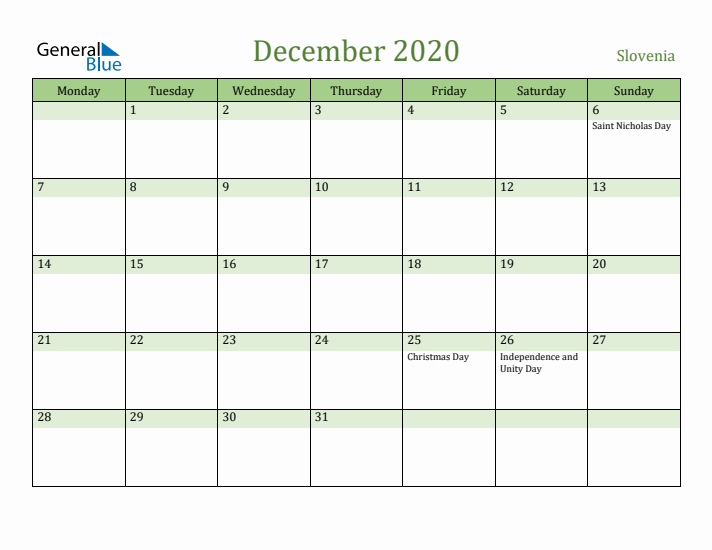 December 2020 Calendar with Slovenia Holidays