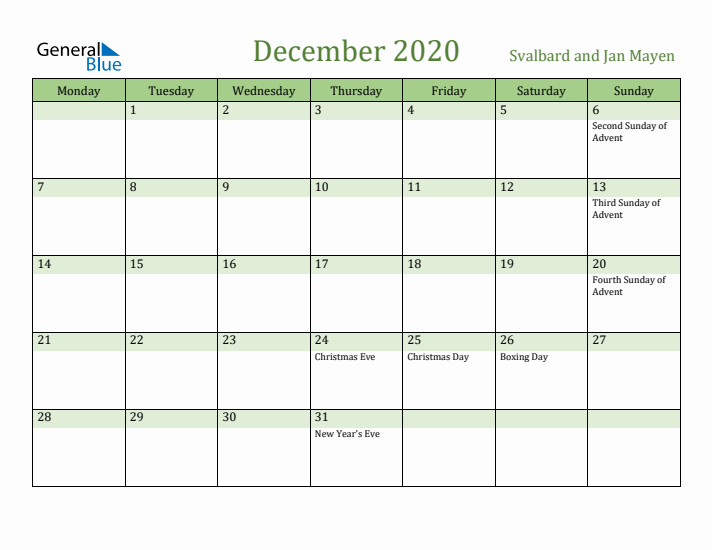 December 2020 Calendar with Svalbard and Jan Mayen Holidays