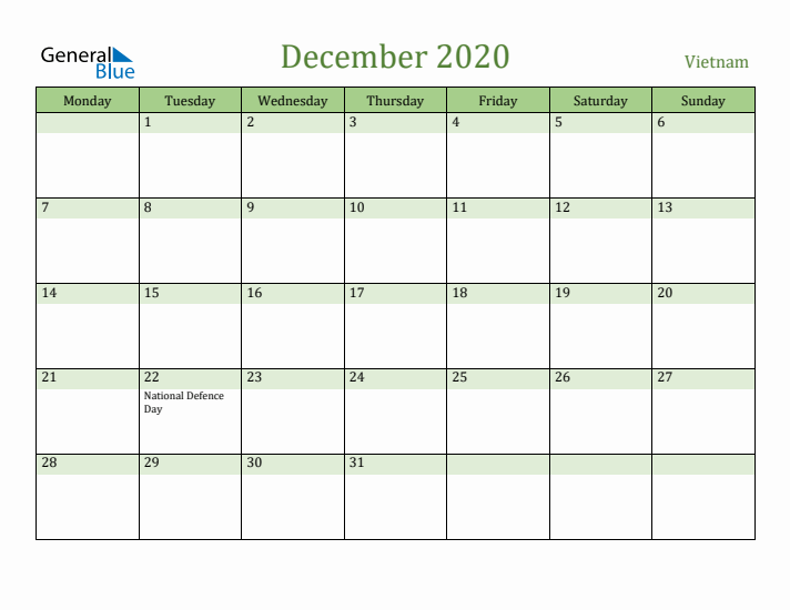 December 2020 Calendar with Vietnam Holidays