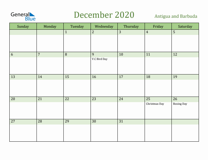 December 2020 Calendar with Antigua and Barbuda Holidays