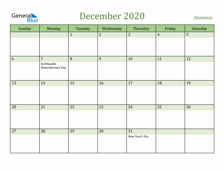 December 2020 Calendar with Armenia Holidays