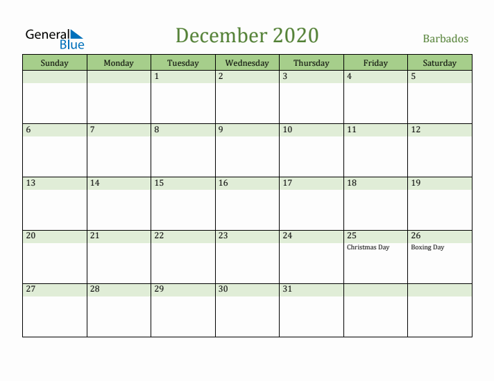 December 2020 Calendar with Barbados Holidays