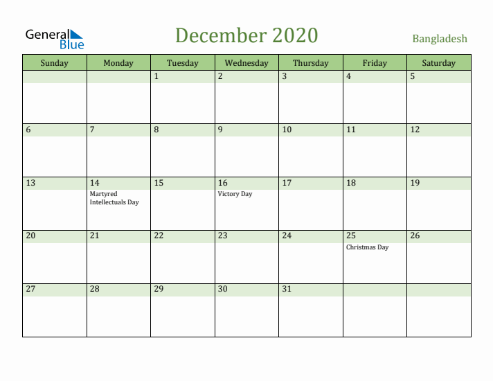 December 2020 Calendar with Bangladesh Holidays