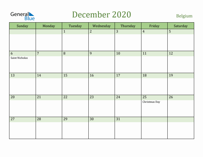 December 2020 Calendar with Belgium Holidays