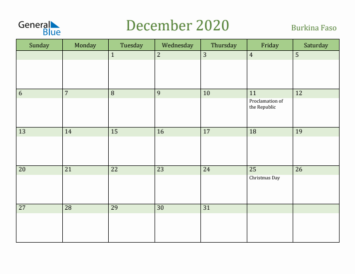 December 2020 Calendar with Burkina Faso Holidays