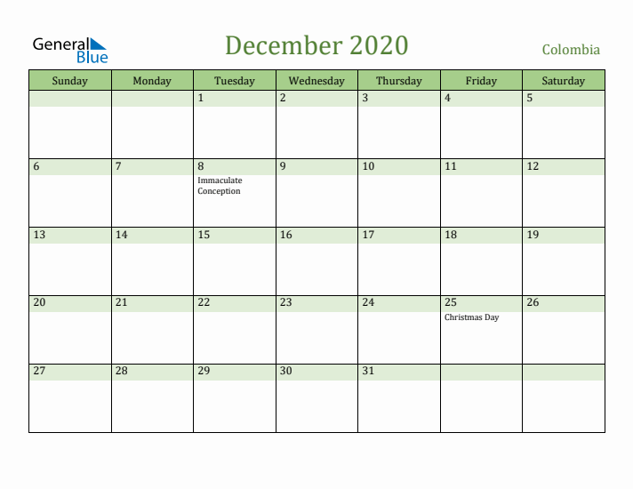 December 2020 Calendar with Colombia Holidays