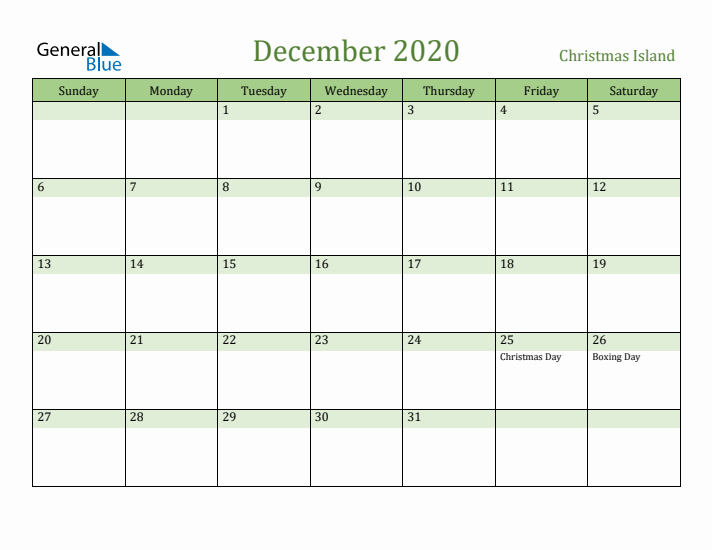 December 2020 Calendar with Christmas Island Holidays