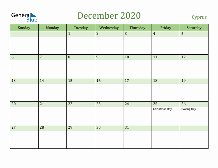 December 2020 Calendar with Cyprus Holidays