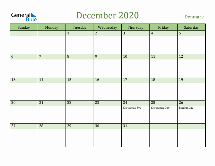 December 2020 Calendar with Denmark Holidays