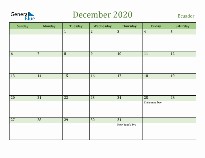 December 2020 Calendar with Ecuador Holidays