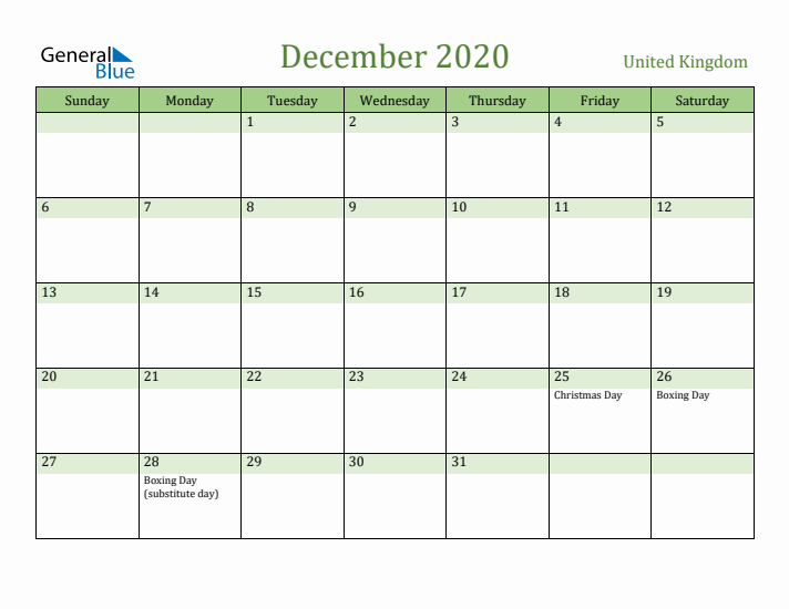 December 2020 Calendar with United Kingdom Holidays