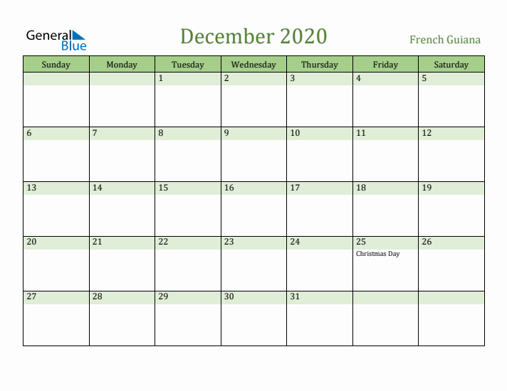 December 2020 Calendar with French Guiana Holidays