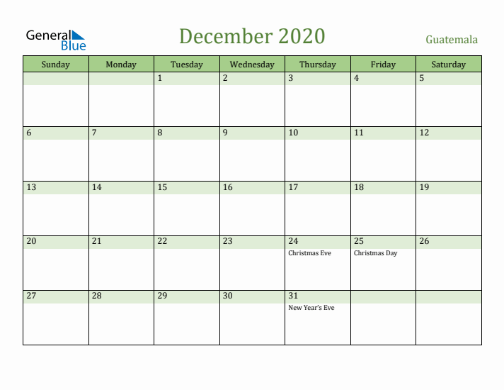 December 2020 Calendar with Guatemala Holidays