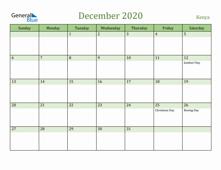 December 2020 Calendar with Kenya Holidays