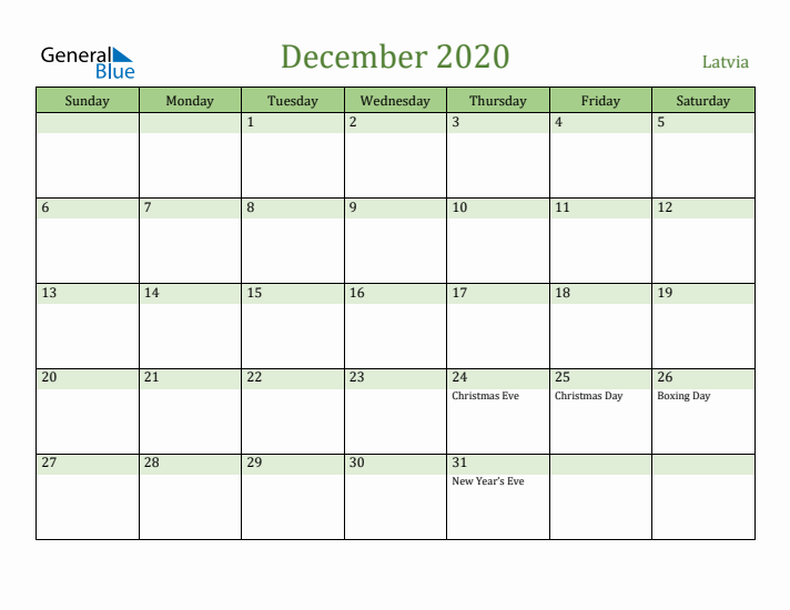 December 2020 Calendar with Latvia Holidays