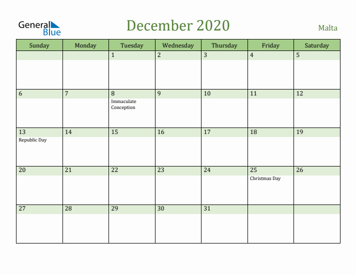 December 2020 Calendar with Malta Holidays