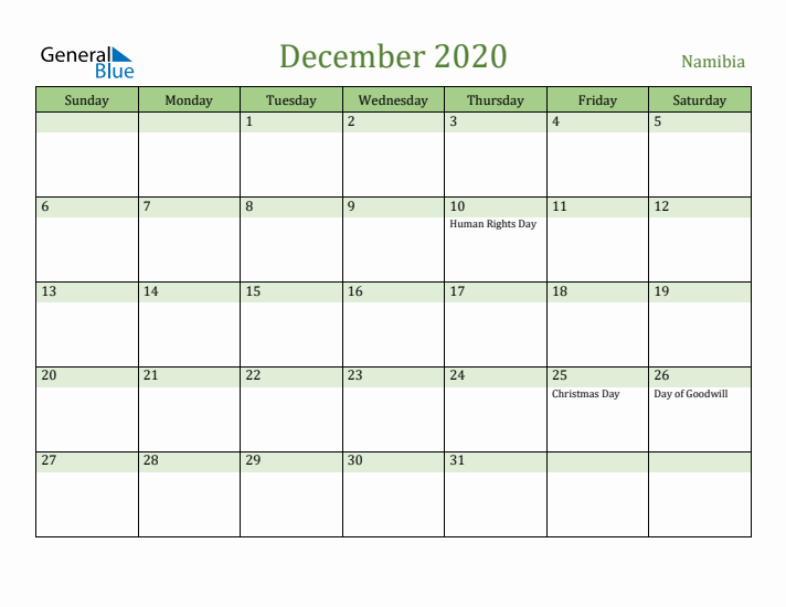 December 2020 Calendar with Namibia Holidays