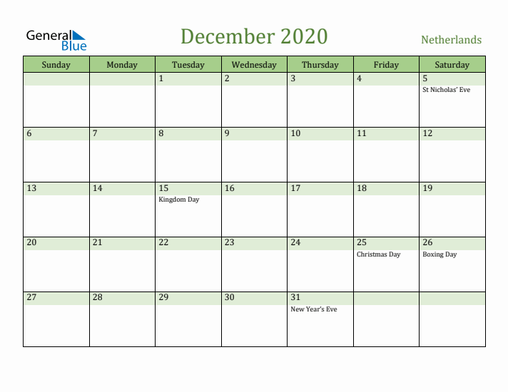 December 2020 Calendar with The Netherlands Holidays