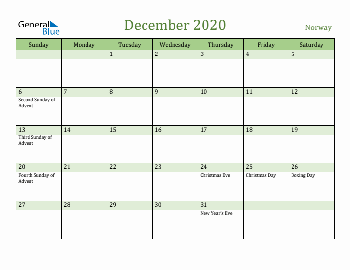 December 2020 Calendar with Norway Holidays