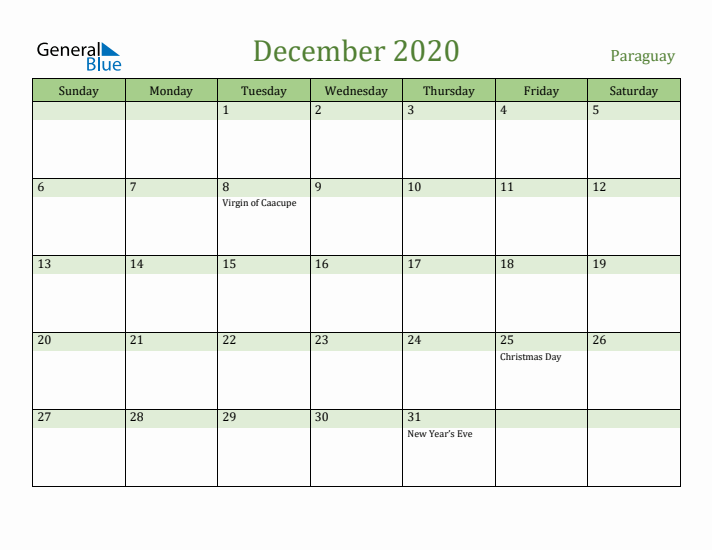 December 2020 Calendar with Paraguay Holidays