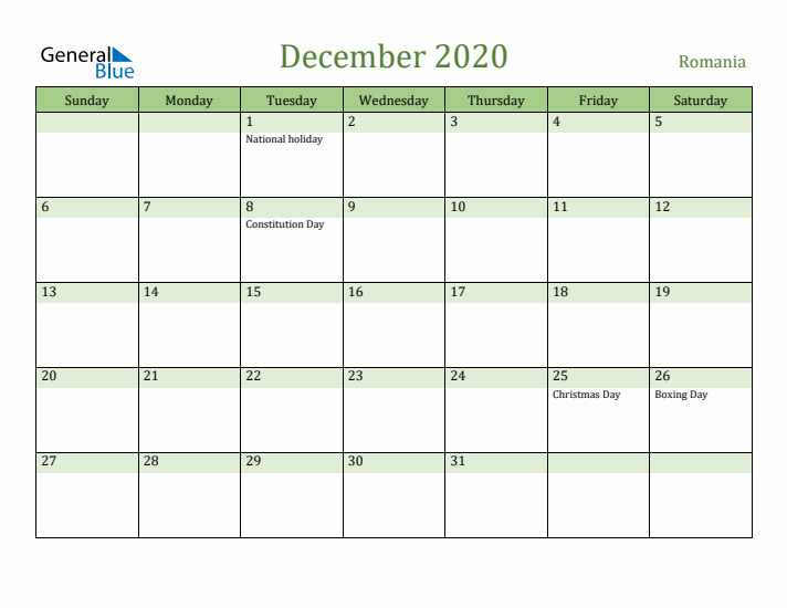 December 2020 Calendar with Romania Holidays